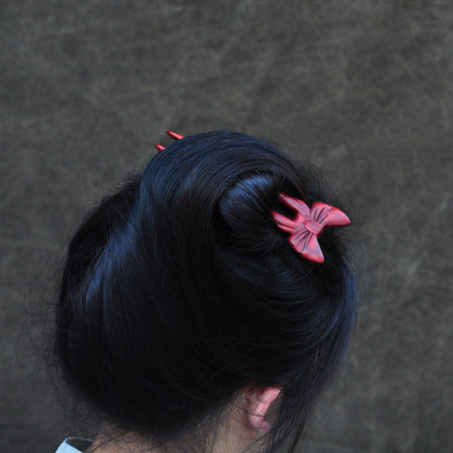 Natural Rosewood Hair Stick - Red Butterfly Bow Design Hairpin #红蝶