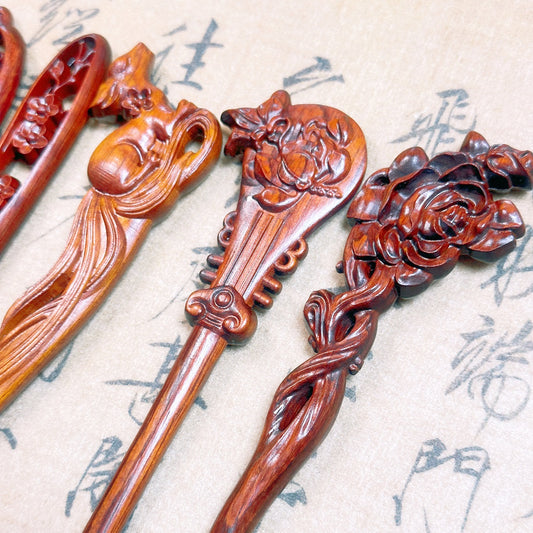 Natural Burmese Rosewood Hair Stick - Carved Wooden Hairpin Set for Women (小叶紫檀)