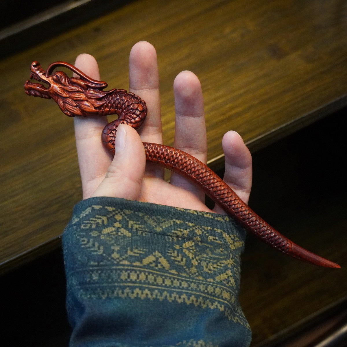 Natural Rosewood Hair Stick - Crimson Flame Dragon Design Hairpin #赤焰龙