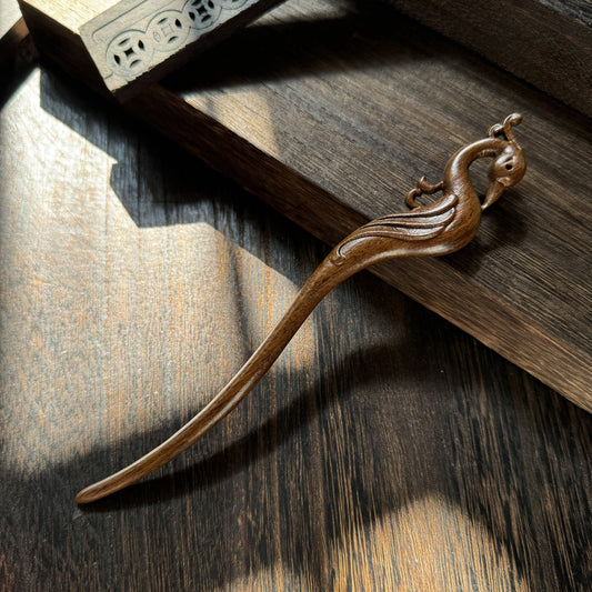 Natural Lacewood Hair Stick - Vermilion Bird Design 19cm Hairpin #朱雀