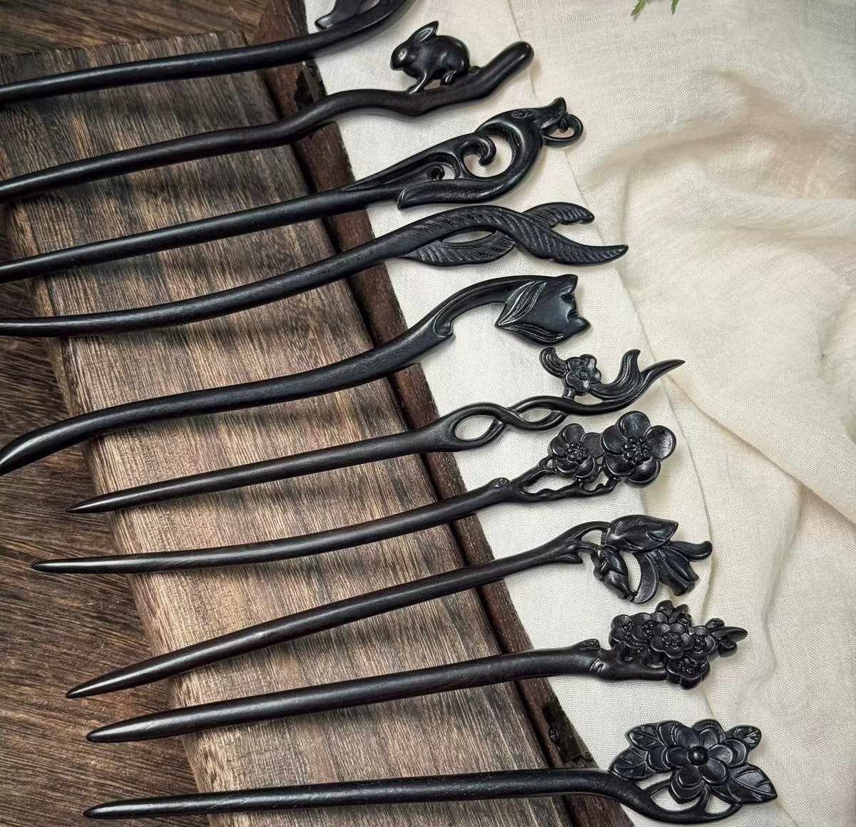Natural African Blackwood Hair Stick Set - Handcrafted Wooden Hair Pins #紫光檀精雕