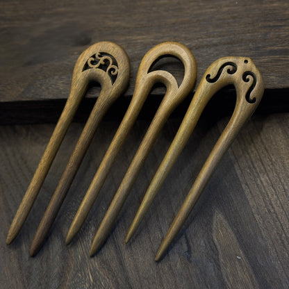 Natural Green Sandalwood U-Shaped Hair Sticks Set - 13-15cm Length #绿檀u钗合集