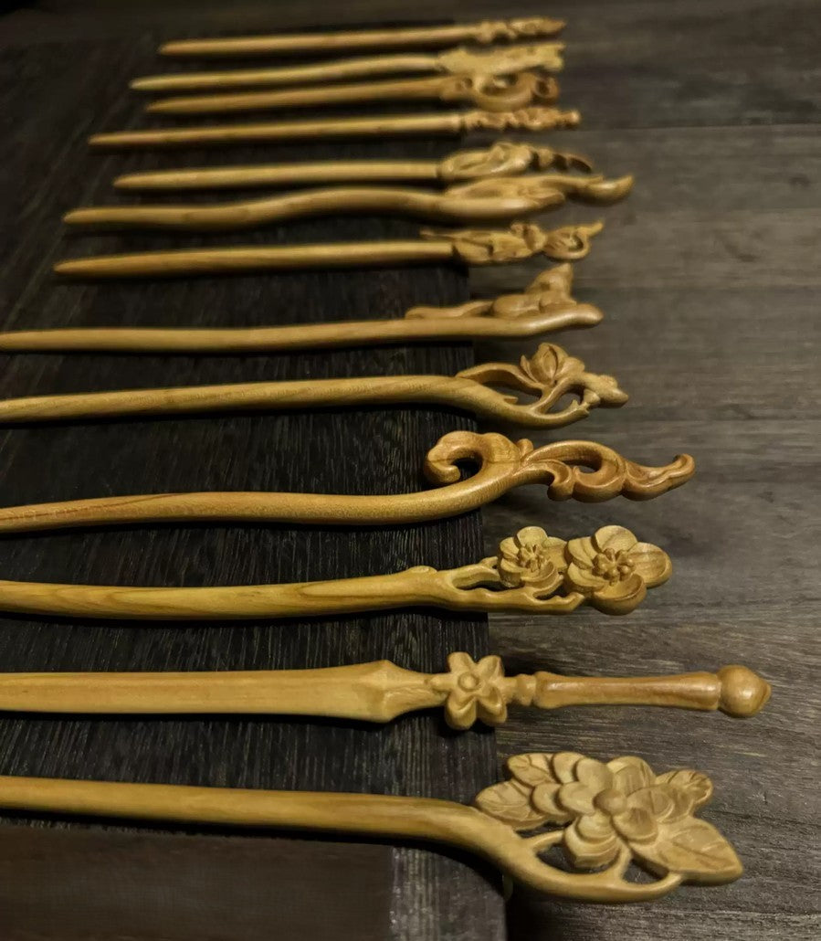 Natural Aged Peach Wood Hair Stick Set - Assorted Floral and Nature Designs Hairpins #老桃木簪合集