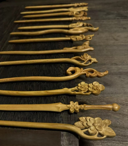 Natural Aged Peach Wood Hair Stick Set - Assorted Floral and Nature Designs Hairpins #老桃木簪合集