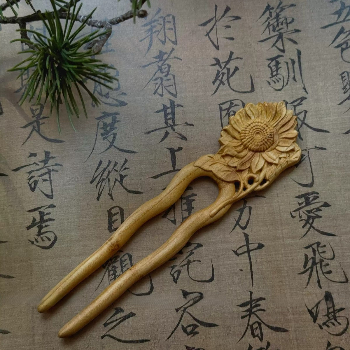 Natural Peach Wood Hair Stick - Sunflower Design Hairpin #向阳花