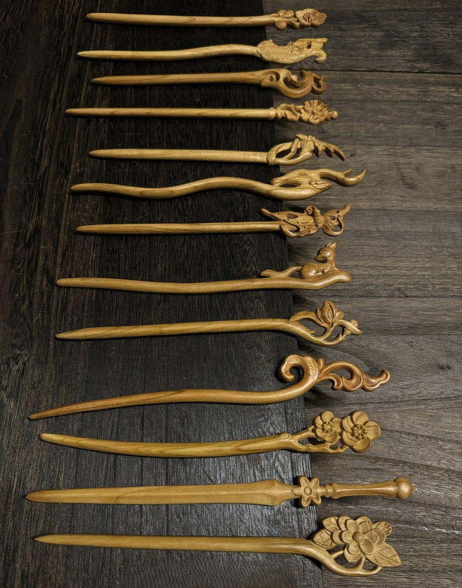 Natural Peach Wood Hair Stick Set - Assorted Floral and Nature Designs Hairpins #桃木发簪合集