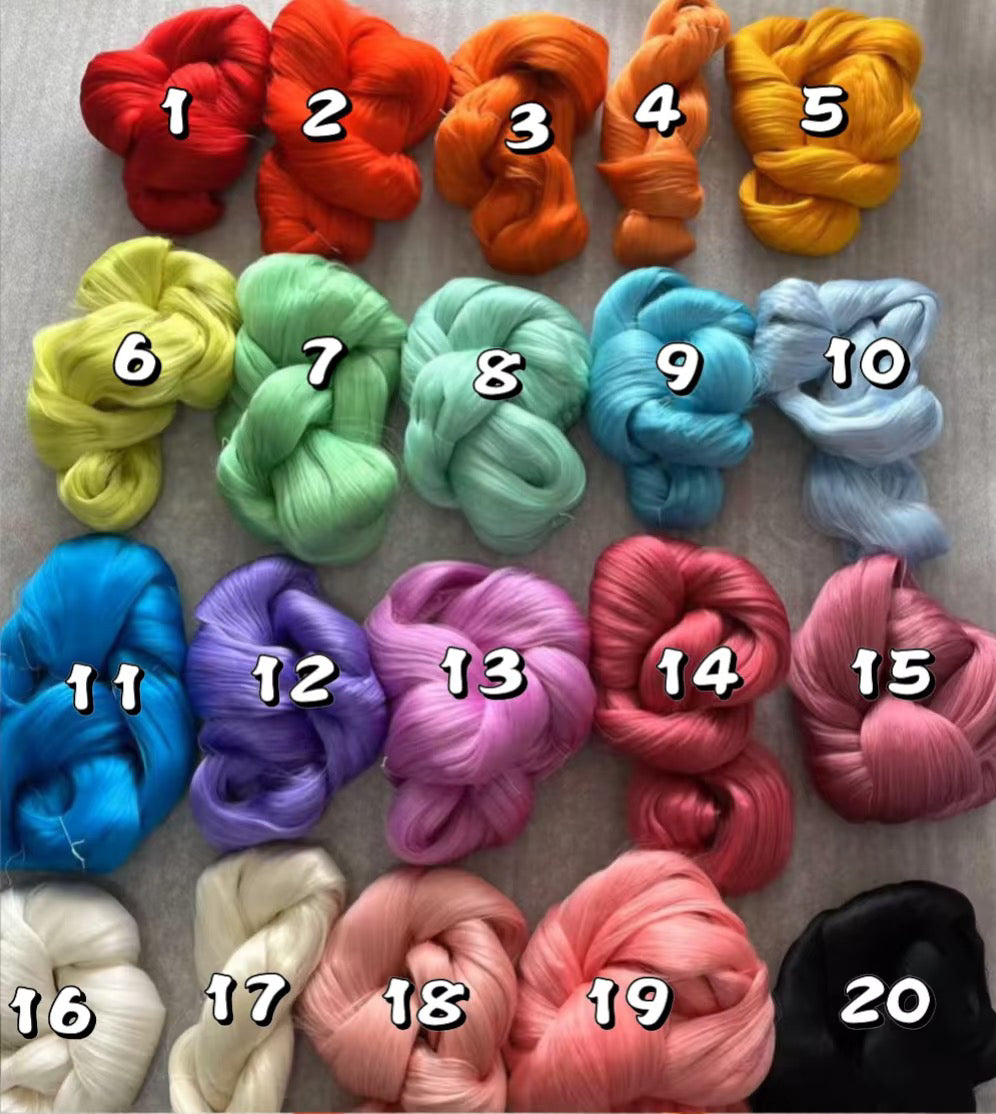 20-color assortment of factory-dyed Mesh-Type Raw Silk Filaments, numbered 1 to 20, used for making traditional Ronghua velvet flowers, pompons, velvet birds, and doll wigs (200g per bundle).