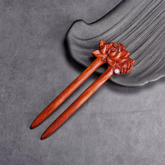 Natural Rosewood Hair Stick - Double-Sided Carved U Shape Hairpin (U形发钗)
