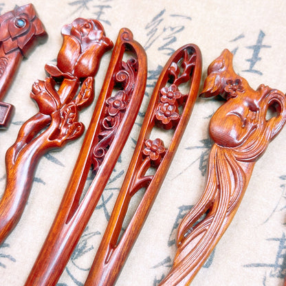 Natural Burmese Rosewood Hair Stick - Carved Wooden Hairpin Set for Women (小叶紫檀)