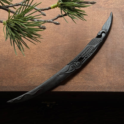 Natural African Blackwood Hair Stick - Crane and Moon Design 18cm #鹤语松上月