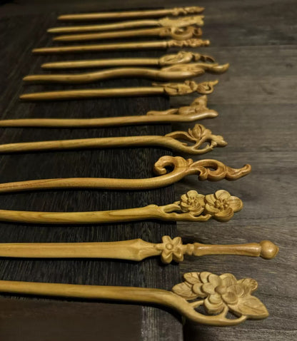 Natural Peach Wood Hair Stick Set - Assorted Floral and Nature Designs Hairpins #桃木发簪合集