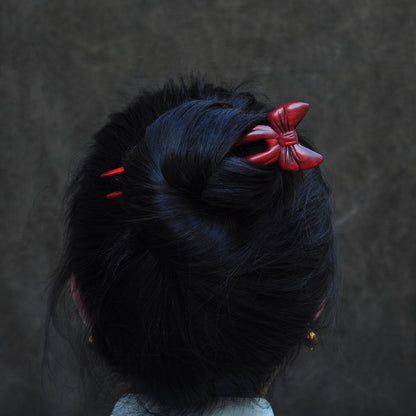 Natural Rosewood Hair Stick - Red Butterfly Bow Design Hairpin #红蝶