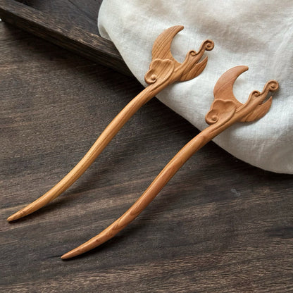 Natural Peach Wood Hair Stick - Spring Autumn Moon Cloud Design #春秋月云