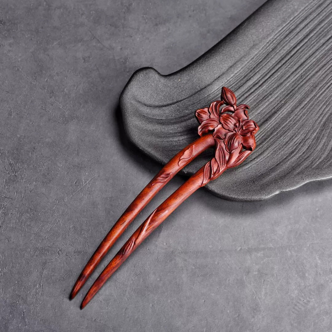 Natural Rosewood Hair Stick - Double-Sided Carved U Shape Hairpin (U形发钗)