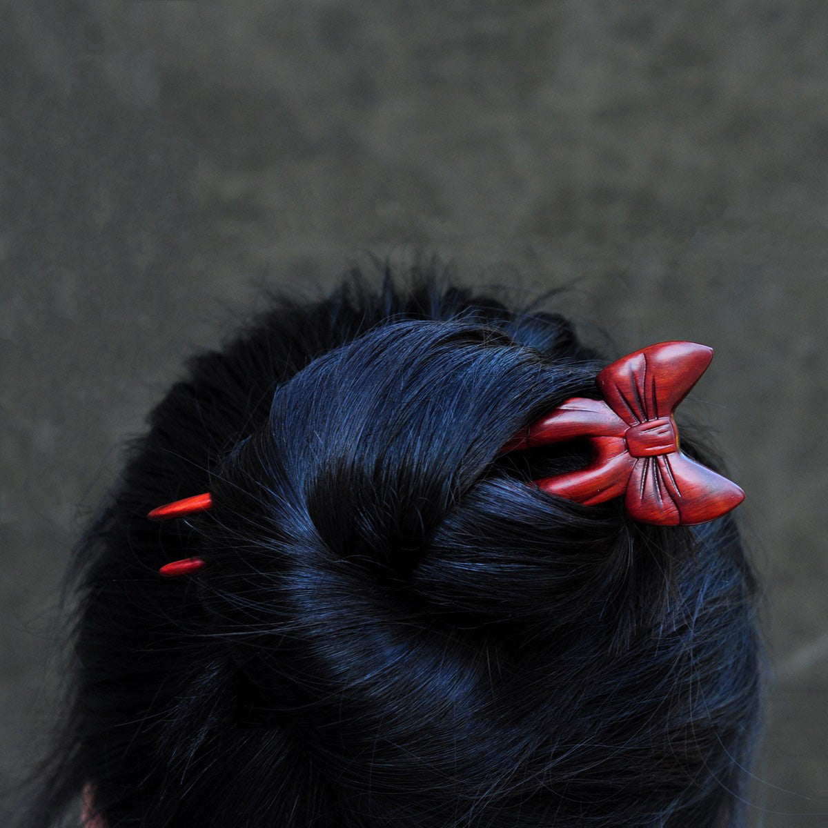 Natural Rosewood Hair Stick - Red Butterfly Bow Design Hairpin #红蝶