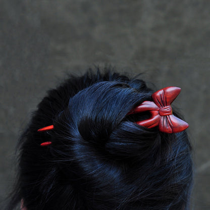 Natural Rosewood Hair Stick - Red Butterfly Bow Design Hairpin #红蝶