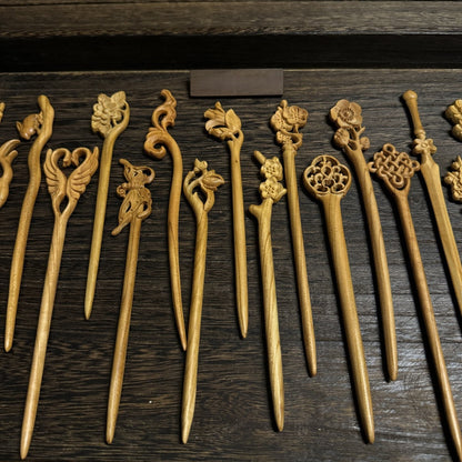 Natural Peach Wood Hair Stick Set - Assorted Floral and Nature Designs Hairpins #桃木发簪合集