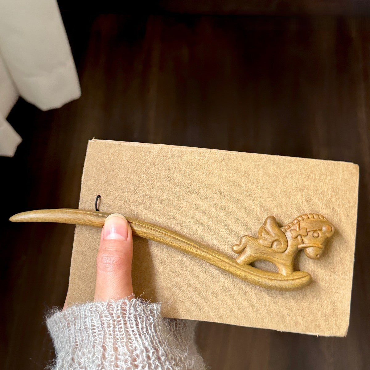 Natural Green Sandalwood Hair Stick - Rocking Horse Design Hairpin #木马