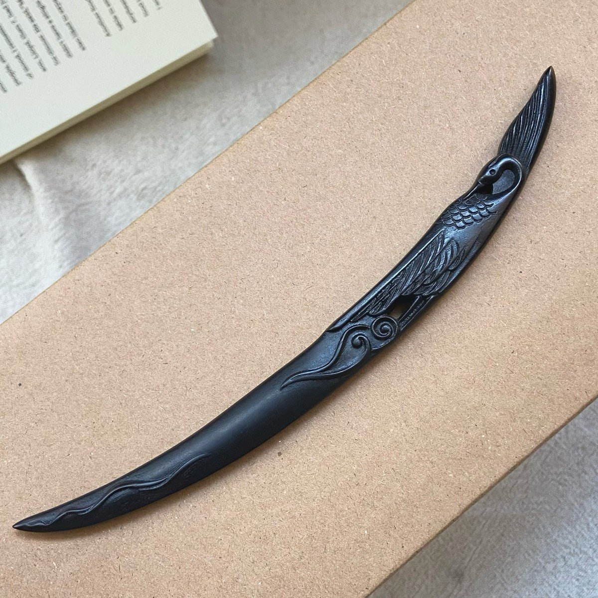 Natural African Blackwood Hair Stick - Crane and Moon Design 18cm #鹤语松上月