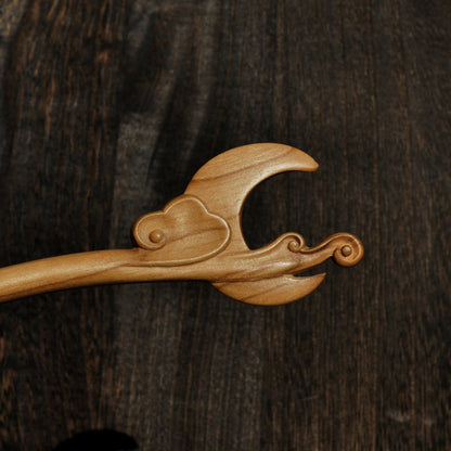 Natural Peach Wood Hair Stick - Spring Autumn Moon Cloud Design #春秋月云
