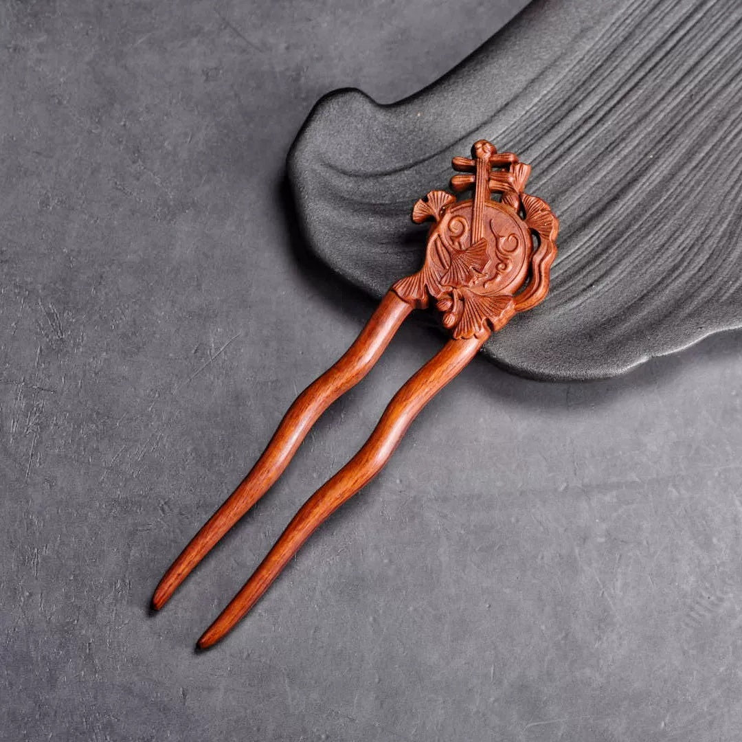 Natural Rosewood Hair Stick - Double-Sided Carved U Shape Hairpin (U形发钗)