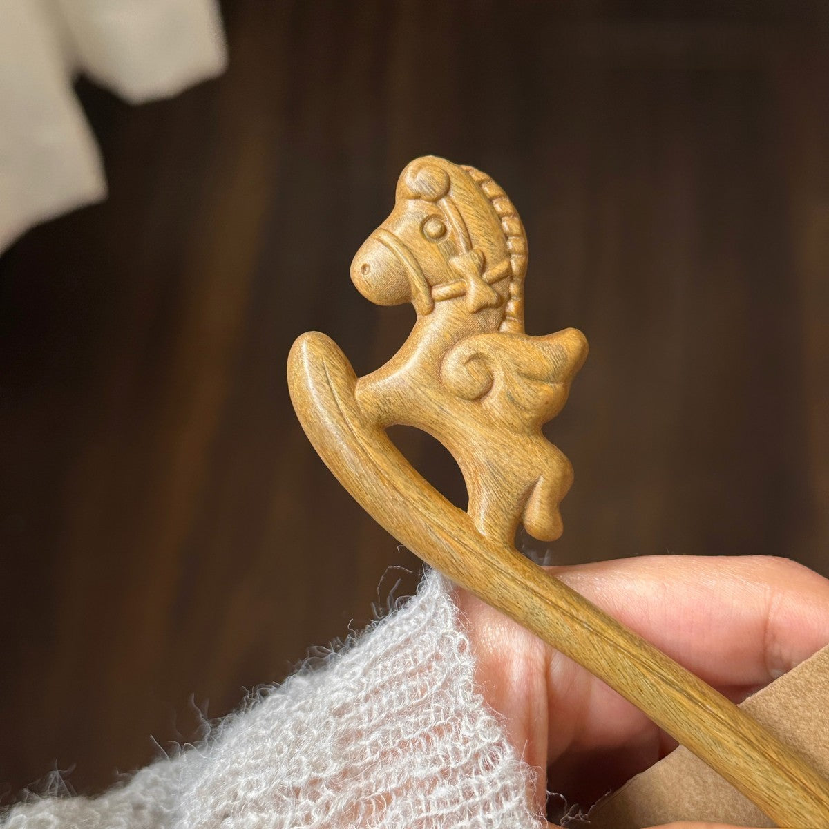 Natural Green Sandalwood Hair Stick - Rocking Horse Design Hairpin #木马