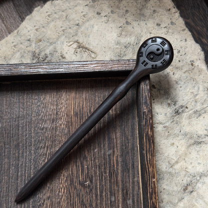 Natural African blackwood hair stick with Fuxi Bagua and Yin-Yang carving on wooden tray