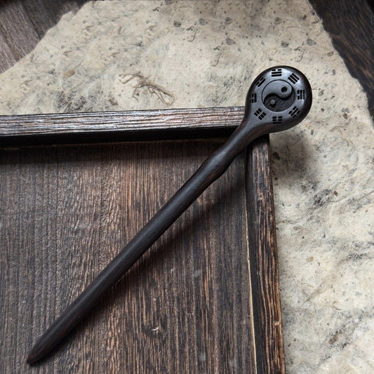 Natural African blackwood hair stick with Fuxi Bagua and Yin-Yang carving on wooden tray
