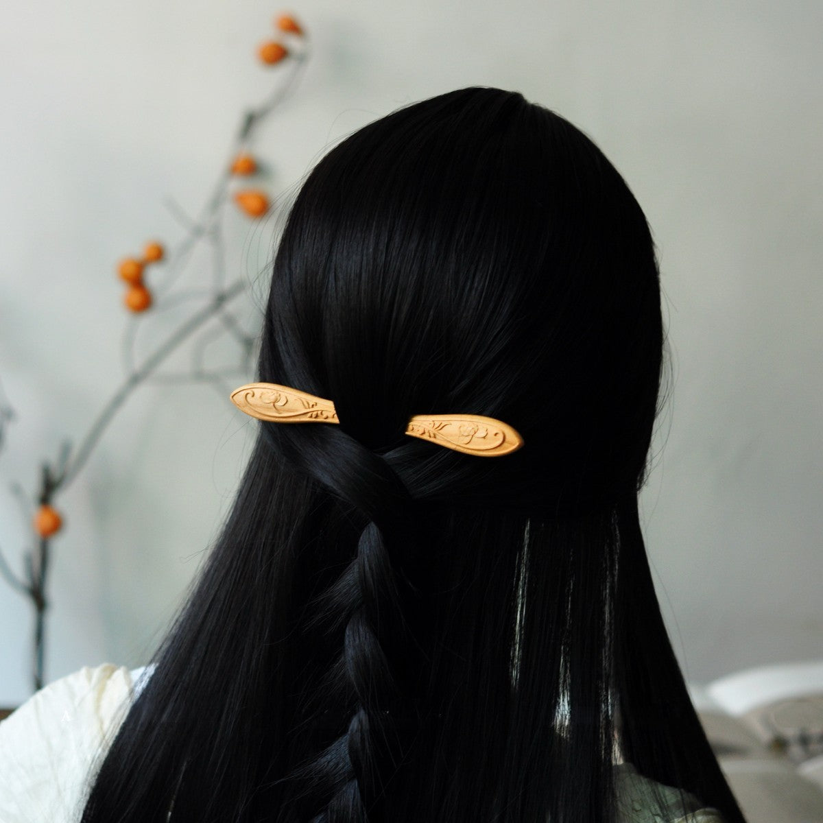 Natural Peach Wood Hair Stick - One Leaf Falling Double-Sided Carved Design 14.8cm Hairpin #一叶落木