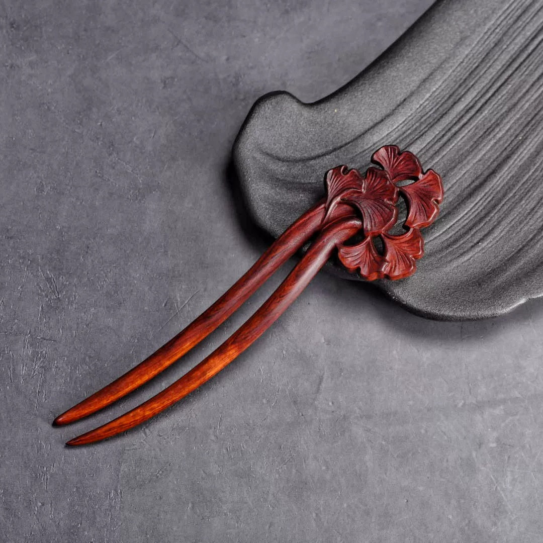 Natural Rosewood Hair Stick - Double-Sided Carved U Shape Hairpin (U形发钗)