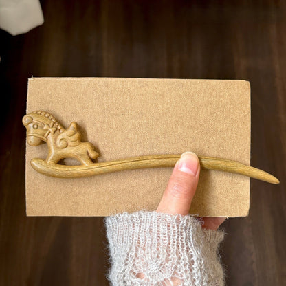 Natural Green Sandalwood Hair Stick - Rocking Horse Design Hairpin #木马