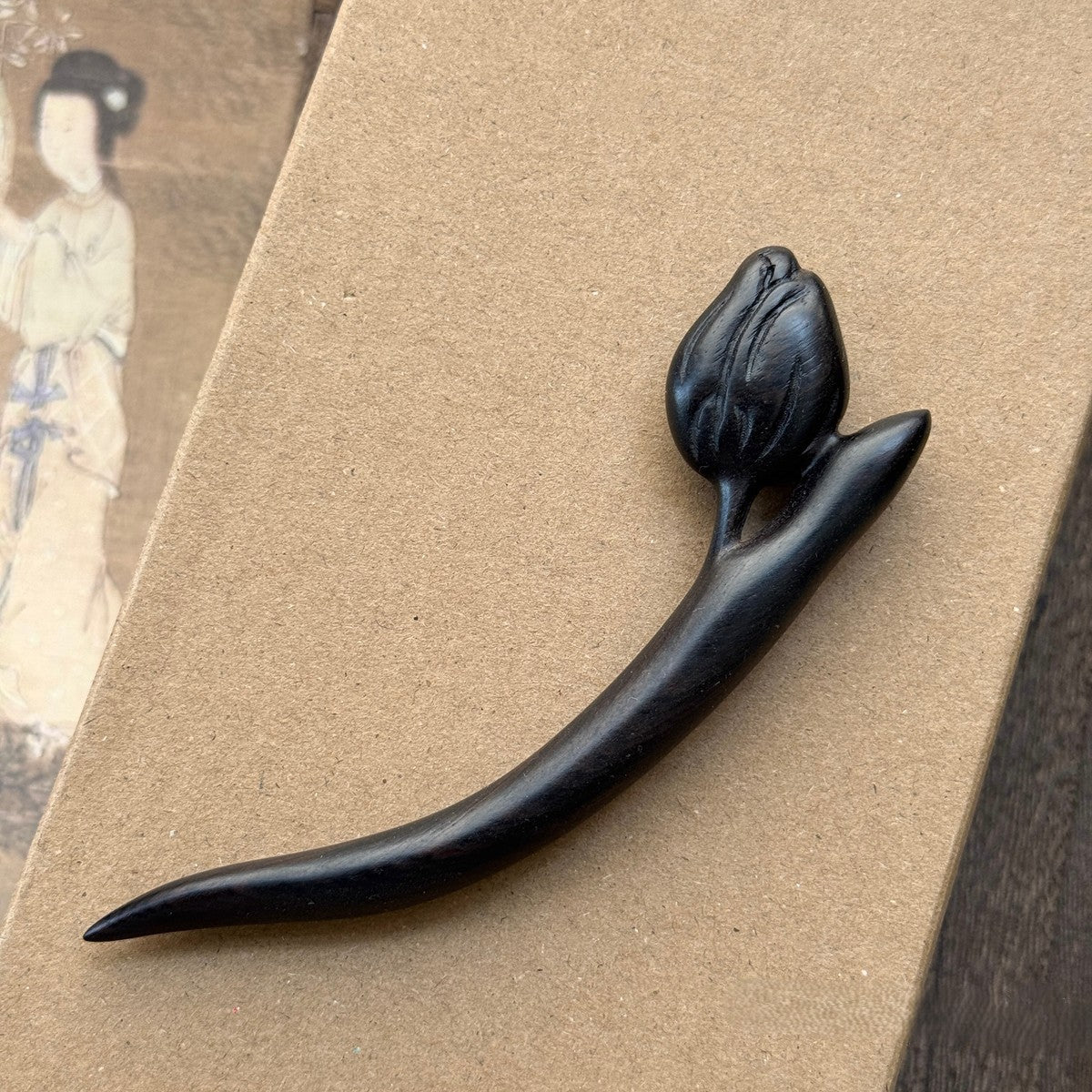 Natural African Blackwood Hair Stick - Tulip Flower Design 12cm #郁金香