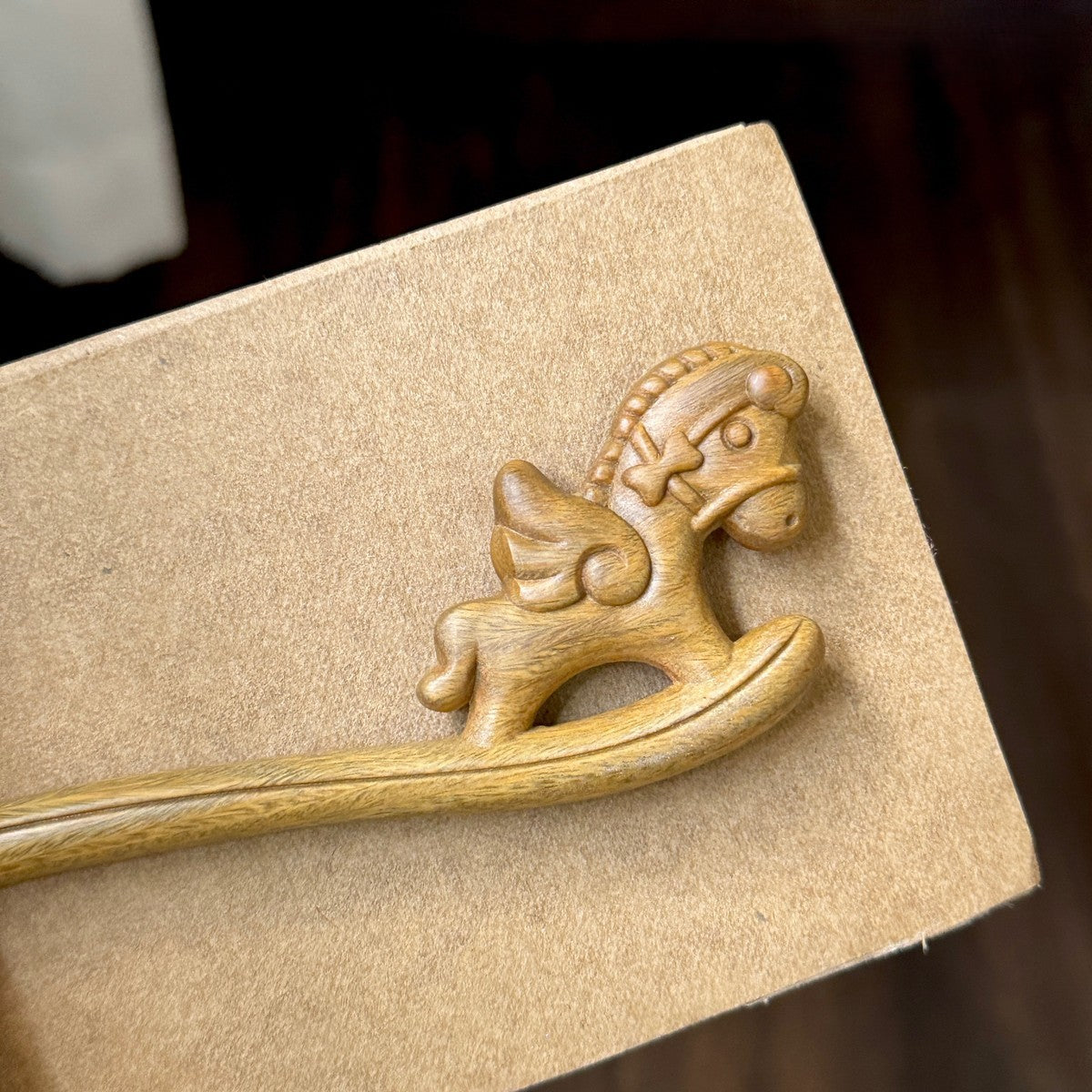 Natural Green Sandalwood Hair Stick - Rocking Horse Design Hairpin #木马