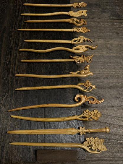 Natural Aged Peach Wood Hair Stick Set - Assorted Floral and Nature Designs Hairpins #老桃木簪合集