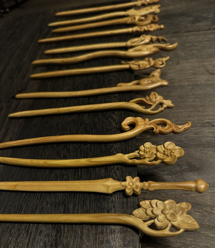 Natural Peach Wood Hair Stick Set - Assorted Floral and Nature Designs Hairpins #桃木发簪合集