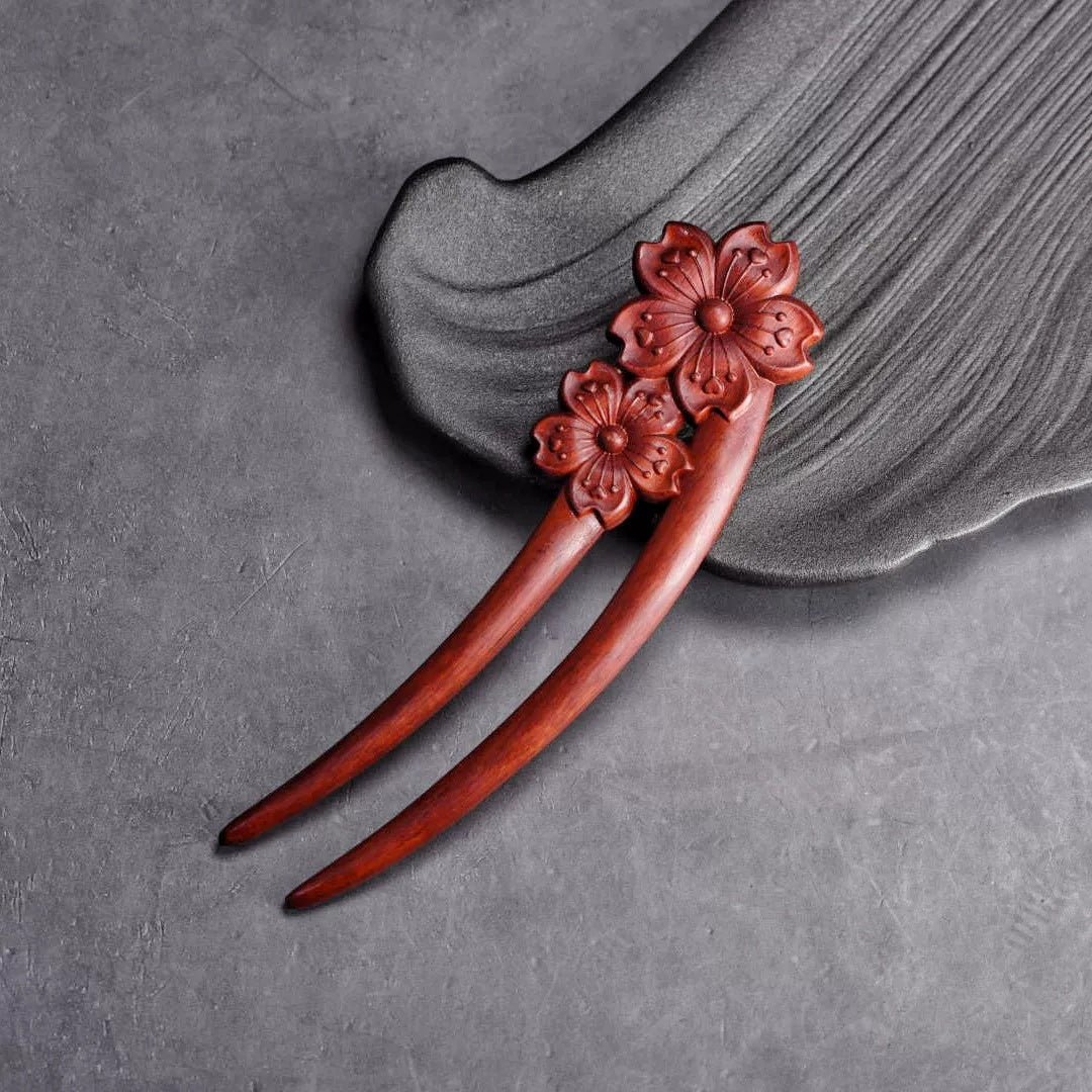Natural Rosewood Hair Stick - Double-Sided Carved U Shape Hairpin (U形发钗)