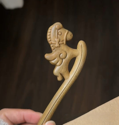 Natural Green Sandalwood Hair Stick - Rocking Horse Design Hairpin #木马