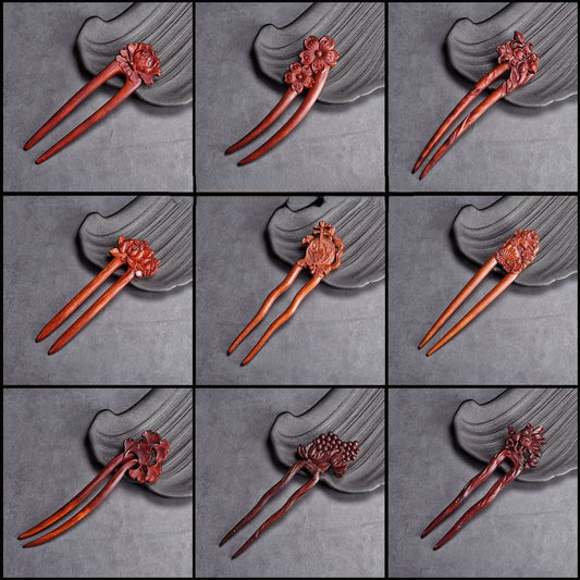 Rosewood style hair pin with intricate floral top carving