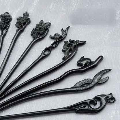 Natural African Blackwood Hair Stick Set - Handcrafted Wooden Hair Pins #紫光檀精雕