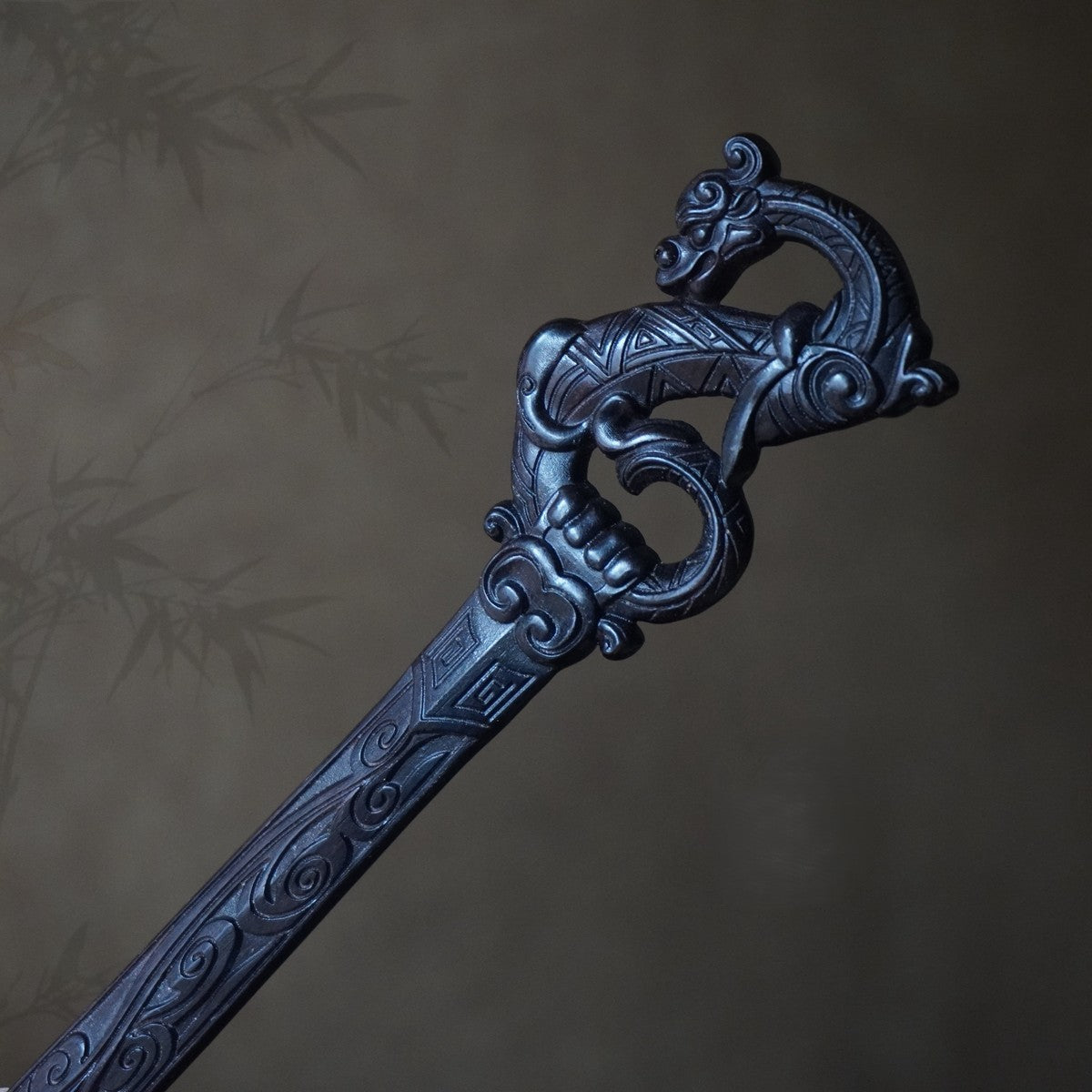 Natural African Blackwood Hair Stick - Dragon Chant Sword Design 18.8cm Hairpin #龙吟剑