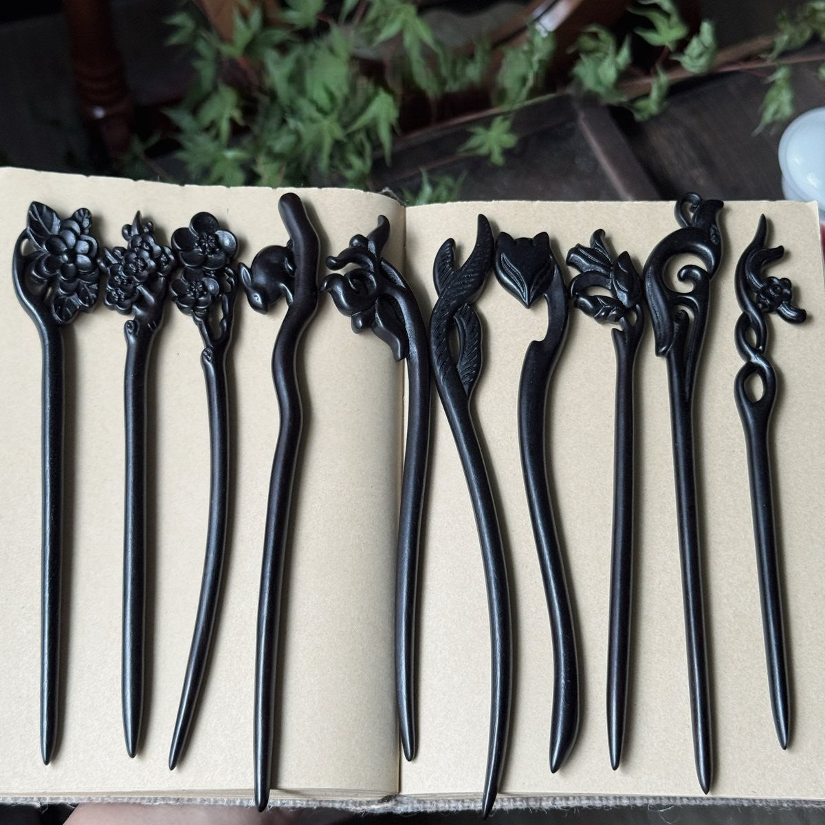 Natural African Blackwood Hair Stick Set - Handcrafted Wooden Hair Pins #紫光檀精雕