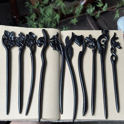 Natural African Blackwood Hair Stick Set - Handcrafted Wooden Hair Pins #紫光檀精雕