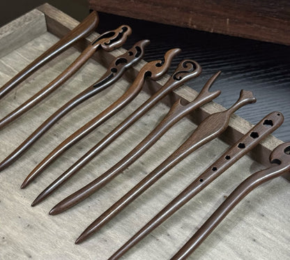 Natural Big-Leaf Rosewood Hair Stick Set - 18cm Carved Designs #18cm国标大叶紫檀