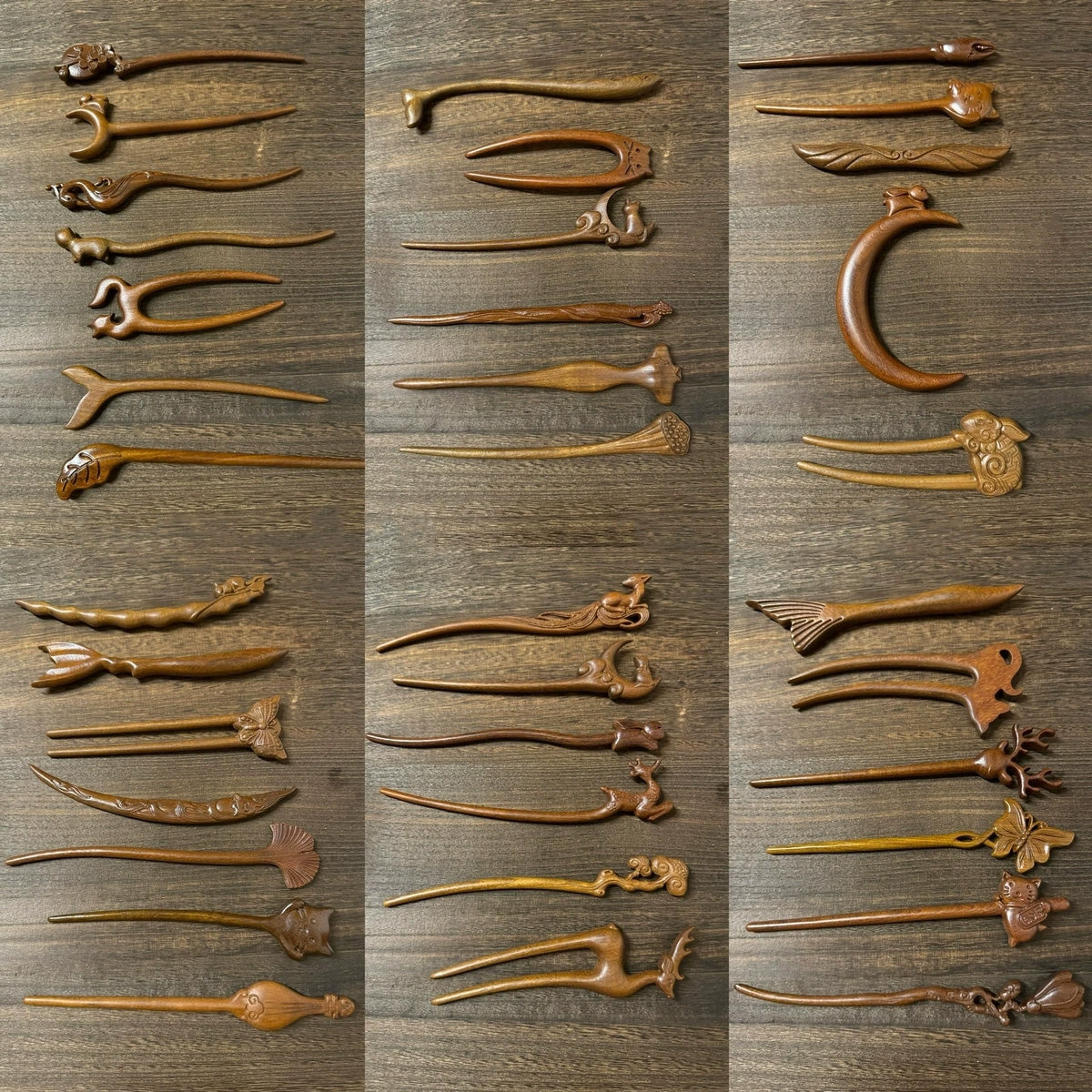 A collage showcasing over two dozen different designs of hand-carved Tatajuba wood hairpins and hair forks.