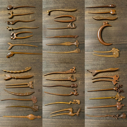 A collage showcasing over two dozen different designs of hand-carved Tatajuba wood hairpins and hair forks.