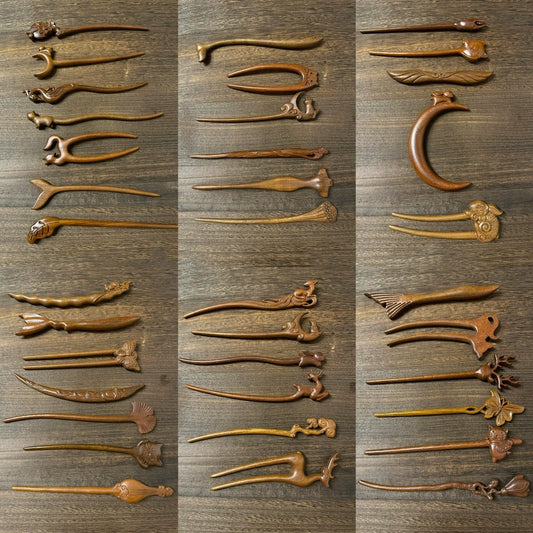 A collage showcasing over two dozen different designs of hand-carved Tatajuba wood hairpins and hair forks.