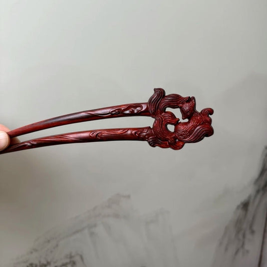 Natural U shape hair stick set in rosewood, African Blackwood, and boxwood with little fox design, 17cm smooth uncoated wooden hair pins