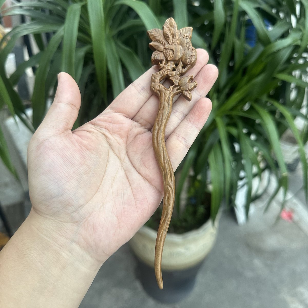Natural Rosewood Hair Stick Set - 20cm U Shape Pomegranate Design Hairpin (石榴单簪)