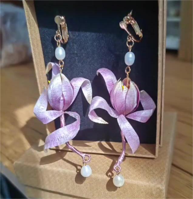 Lotus Bespoke Earrings - Silk Earrings(Ronghua)