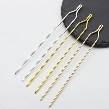 Gold and silver Y-shaped metal hair stick blanks for handmade jewelry and craft projects.